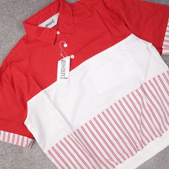 VTG 80s 90s Award Deadstock Medium Red White Striped Short Sleeve Collared Shirt - Picture 8 of 9